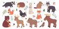 Set of different isolated cute funny forest animals in flat vector style on white background. Woodland life. Bear, elk, deer,