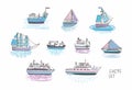 Set of different isolated doodle ships, yachts, boats, sailing craft, sailboat, nautical vessel. Sea transport