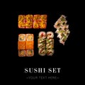 Set of different Japanese sushi rolls isolated on black background. Ready luxury restaurant menu banner with text and copy space. Royalty Free Stock Photo