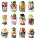 Set of different jars with healthy salads on background Royalty Free Stock Photo