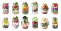 Set of different jars with healthy salads on background Royalty Free Stock Photo