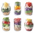 Set of different jars with healthy salads on background Royalty Free Stock Photo