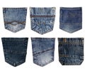 Set of different jeans pocket isolated on white background. Blue jeans back side pocket. Close up view denim texture, classic Royalty Free Stock Photo