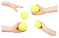 set of different Kid hold tennis ball in hand, isolated on white background Royalty Free Stock Photo