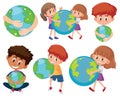 Set of different kids holding earth globes Royalty Free Stock Photo