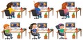 Set of different kids using computer Royalty Free Stock Photo