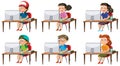 Set of different kids using computer Royalty Free Stock Photo