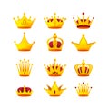 Set of different kinds of beautiful gold crowns. Royalty Free Stock Photo