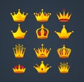 Set of different kinds of beautiful luxury gold crowns. Royalty Free Stock Photo