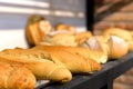 Focused delicious loaves in steel shelve at the bakery Royalty Free Stock Photo