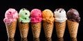 Set Of Different Kinds Of Ice Cream Balls In Waffle Cones On Black Background. Panoramic Banner. Generative AI Royalty Free Stock Photo