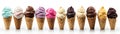 Set Of Different Kinds Of Ice Cream Balls In Waffle Cones On White Background. Panoramic Banner. Generative AI Royalty Free Stock Photo