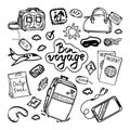 Set of different kinds of luggage, hand-drawn in sketch style. Vector illustration. Large and small suitcase, backpack, small bag