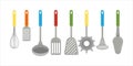 Set of different kitchen spatulas and spoons, towel, grater, whisk,, vector clipart in cartoon style, isolate, flat