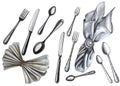 Set of different knifes, spoons, forks and textile napkins drawing by watercolor, hand drawn illustration on white background. Royalty Free Stock Photo