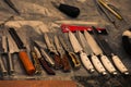 Set of the different knives on the flea market. Utensil knife at the flee market, soviet collection