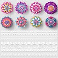 Set of different lace ribbons and colorful ornament samples. Seamless pattern for creating style Royalty Free Stock Photo