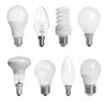 Set with different lamp bulbs on white background Royalty Free Stock Photo