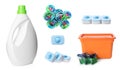 Set with different laundry products on white background