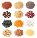 Set with different legumes, grains and seeds on white background. Vegan diet Royalty Free Stock Photo