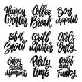 Set of the different lettering phrases. Happy winter, coffee break, party time,let it snow. Royalty Free Stock Photo