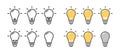 Set of different light bulb styles. Vector thin line icons in outline and coloful filled outline style. For ideas, solutions and Royalty Free Stock Photo