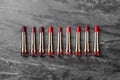 Set of different lipsticks on table. Professional makeup products Royalty Free Stock Photo