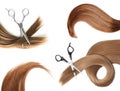 Set with different locks and scissors on background, top view. Hairdresser service