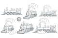 Set of different locomotive. Old train logo. Locomotive drawing. Steam transport. Royalty Free Stock Photo