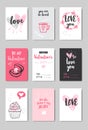 Set different love greeting cards happy valentines day concept pink heart shapes hand drawn doodle style postcard Royalty Free Stock Photo