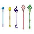 Set of Different Magic Staffs isolated on white background. Wizard Items. Vector Illustration for Your Design, Game, Card, Web.