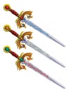 Set of different magic swords. Earth, fire, air element stones in it. Gui assets collection for game design.