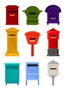 Flat vector set of mailboxes. Colorful containers for letters and newspapers. Iron postal boxes for correspondence Royalty Free Stock Photo