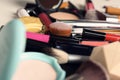 Set of different makeup products and tools as background Royalty Free Stock Photo