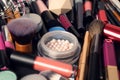 Set of different makeup products and tools as background Royalty Free Stock Photo