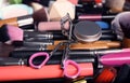 Set of different makeup products and tools as background Royalty Free Stock Photo