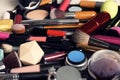 Set of different makeup products and tools as background Royalty Free Stock Photo