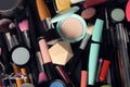Set of different makeup products and tools as background Royalty Free Stock Photo