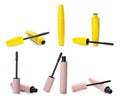 Set with different mascaras on white background