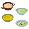 A set of different mashed soups. Asparagus, squash, avocado, champignons. Vector Royalty Free Stock Photo