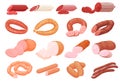 A set of different meat sausages of different cooking methods. Boiled, smoked, baked, fresh, delicious sausages. Vector