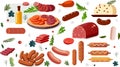 set of different meat sausages of different cooking methods. Boiled, smoked, baked, fresh, delicious sausages.
