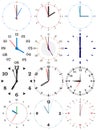 A set of different mechanical clocks with an image of each of the twelve hours