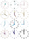 A set of different mechanical clocks with an image of each of the twelve hours