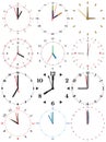 A set of different mechanical clocks with an image of each of the twelve hours