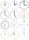 A set of different mechanical clocks with an image of each of the twelve hours.