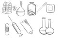 Set of different medical icons, various drugs, pills, and medications. Hand drawn line art cartoon vector illustration.