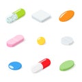 Set of different medical pills, tablets, capsules.