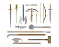 Set of different medieval weapons vector flat illustrations. Royalty Free Stock Photo