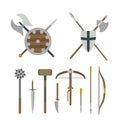 Set of different medieval weapons vector flat illustrations. Royalty Free Stock Photo